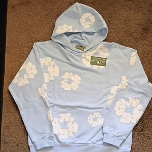 Blue Hoodie with White Floral Design